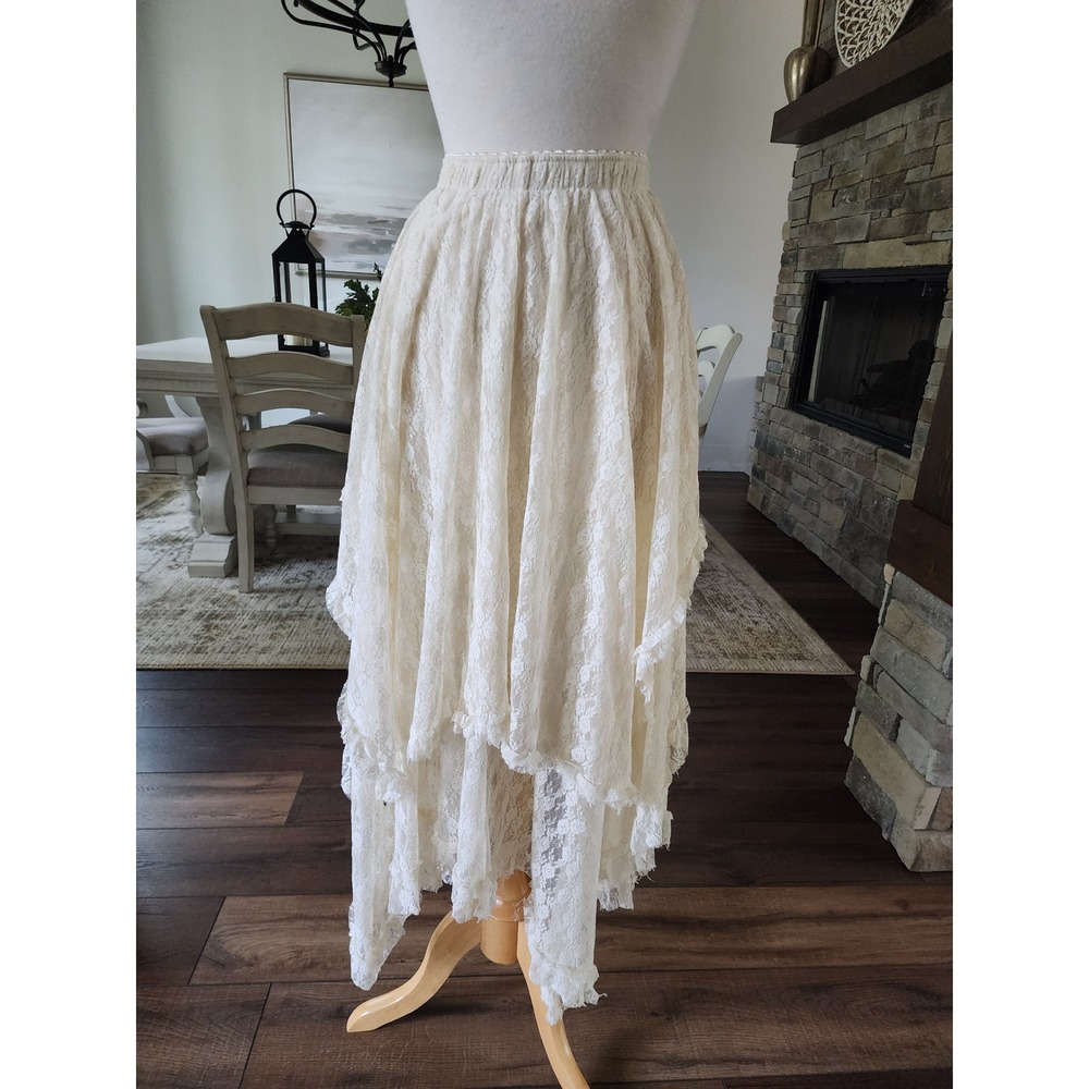 Ivory Floral Lace Maxi Skirt Elastic Waist Boho Cottagecore Western Small